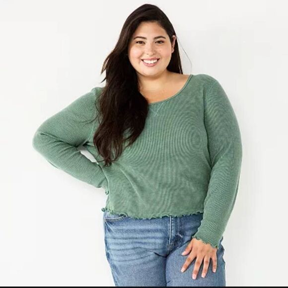 SO Juniors' Plus Size 1X Basic Thermal Cropped Tee, Explorer Green - Picture 1 of 2